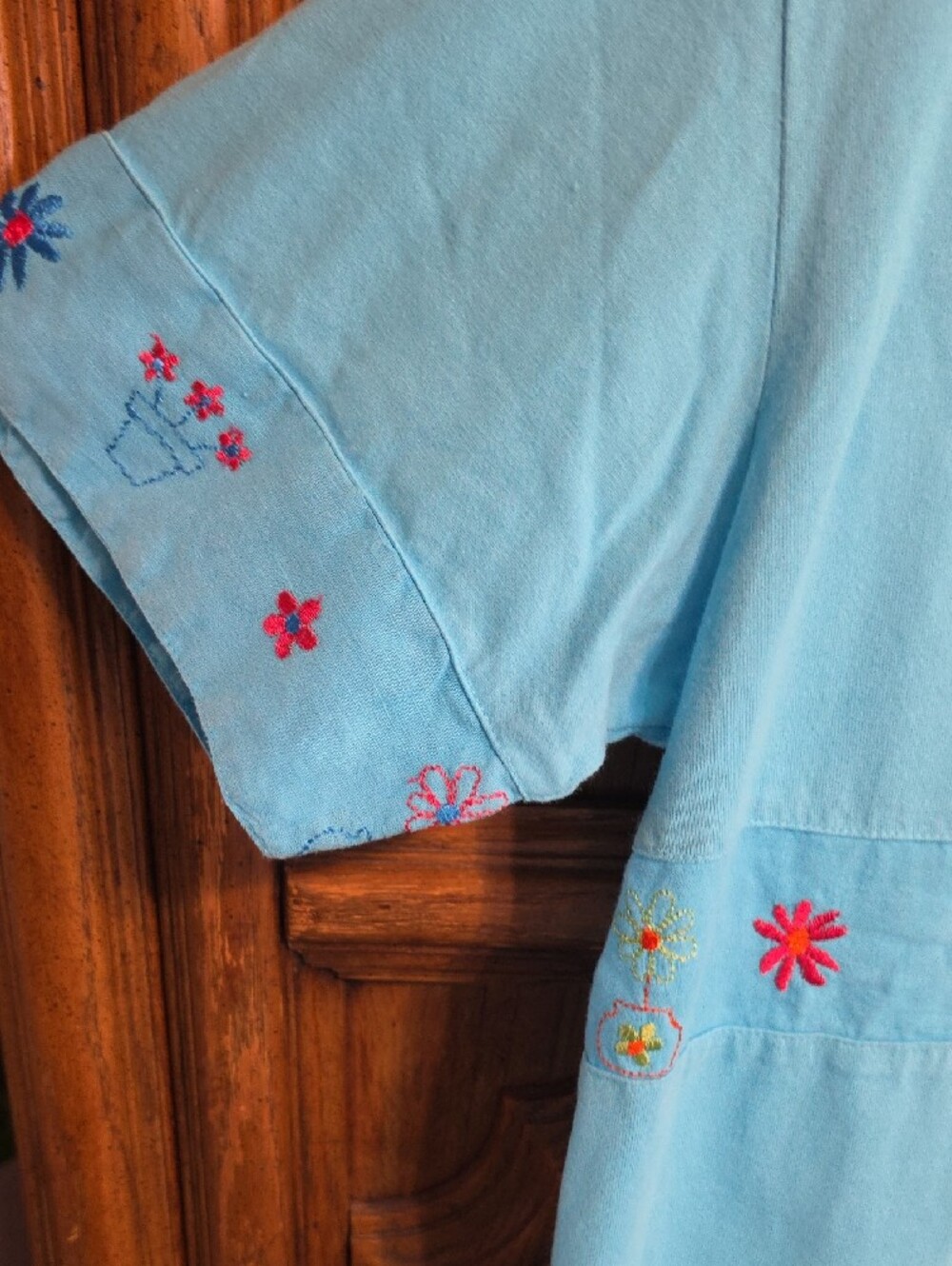 Johnny Was Turquoise Short Sleeve Tee with Multicolor Floral Embroidery - Picture 3 of 8